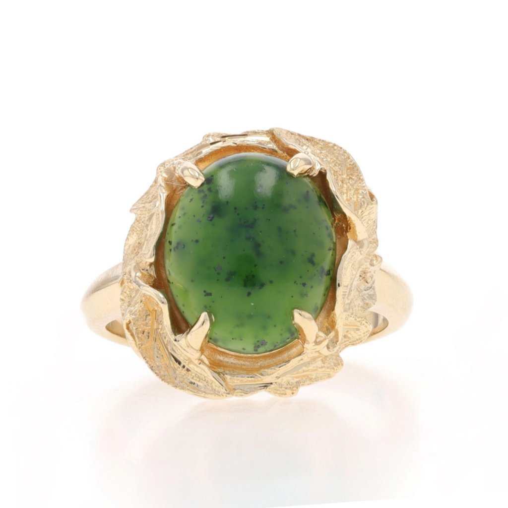 Yellow Gold Nephrite Jade Cocktail Solitaire Ring -14k Oval Cabochon Leaf Border